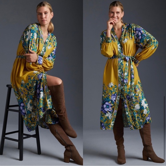 Anthropologie Dresses & Skirts - By Anthropologie Midi Shirt Dress in Yellow Gold and Blue Floral- Size Small